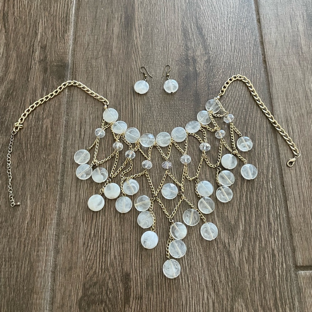 Gold And White Gem Stone Chandelier Necklace With Matching Earrings